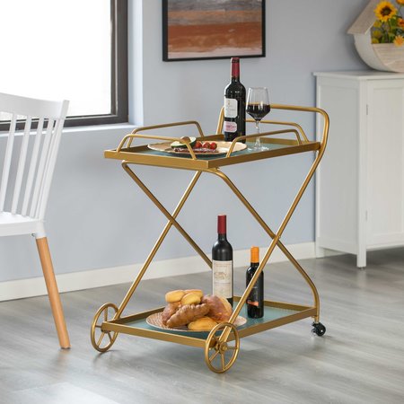 Vintiquewise Gold Metal Wine Bar Serving Cart with Rolling Wheels and Handles for Dining, Living room or Entryway QI004278